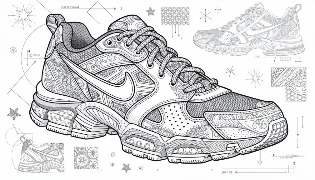 An intricate Nike sneaker coloring page with detailed mandala patterns and technical blueprint elements.
