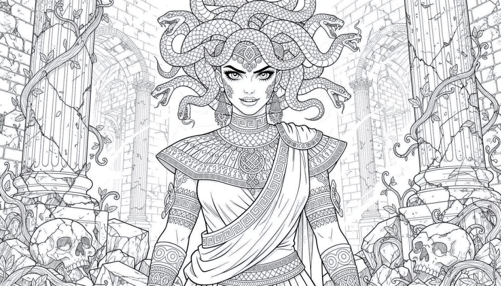 An elegant Medusa cartoon coloring page featuring intricate serpent crown, ornate Greek armor, and detailed architectural ruins.