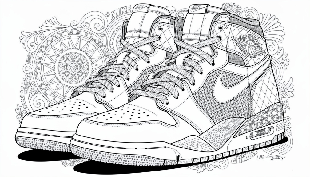 An intricate black and white Nike Air Jordan high-top sneaker coloring page with elaborate mandala decorations and detailed technical elements.