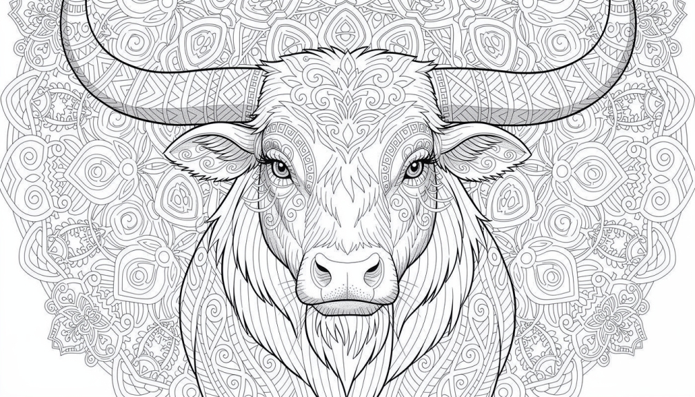 Un coloriage de tête de buffle orné de motifs mandalas élaborés et de designs zentangle ornementaux pour coloristes adultes confirmés.
