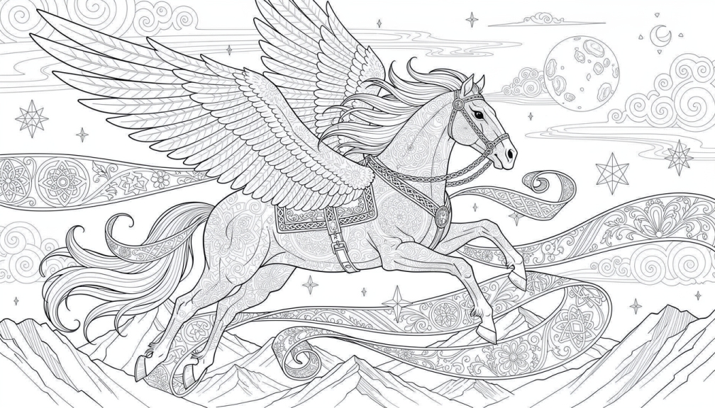 An intricate Pegasus coloring page features a majestic winged horse galloping across ornate decorative waves beneath swirling clouds and celestial elements.