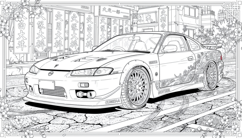 A detailed Nissan Silvia coloring page featuring intricate Japanese street racing culture elements and traditional architectural backdrop.