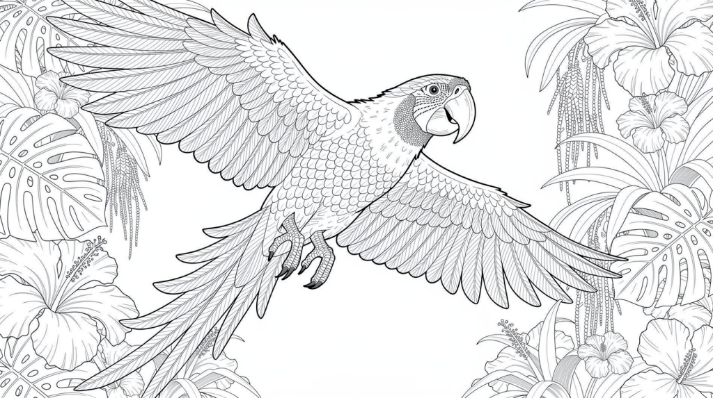 A vibrant macaw soars through a lush tropical paradise with outstretched wings.