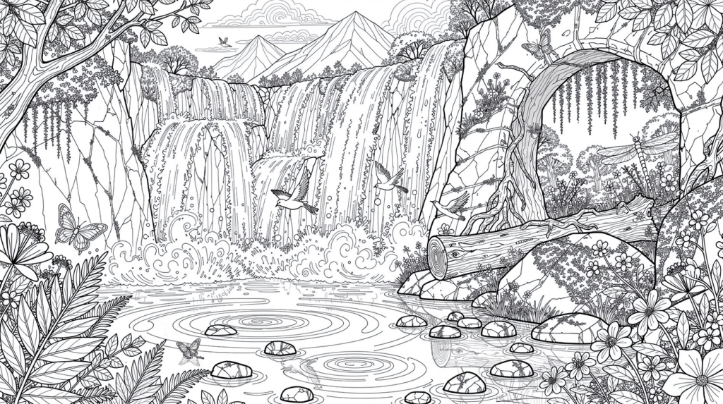 A waterfall flows between twisted tree trunks into a stone-filled pool beneath rainbow arcs.