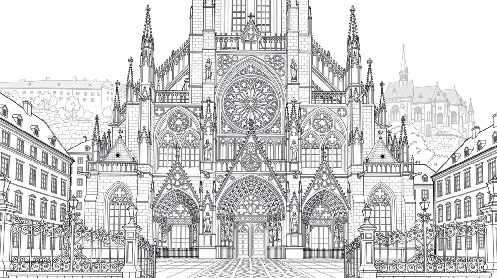 St. Vitus Cathedral rises above Prague's historic square, framed by ornate street lamps and detailed city buildings.