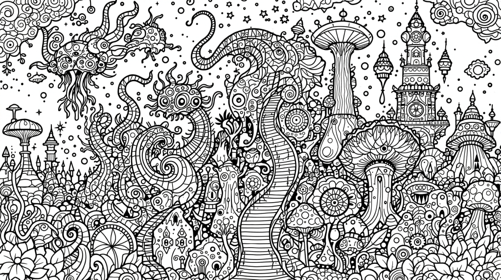 En fantastisk monster-verden malebog med detaljerede væsener og mekaniske elementer i kompleks stregtegning