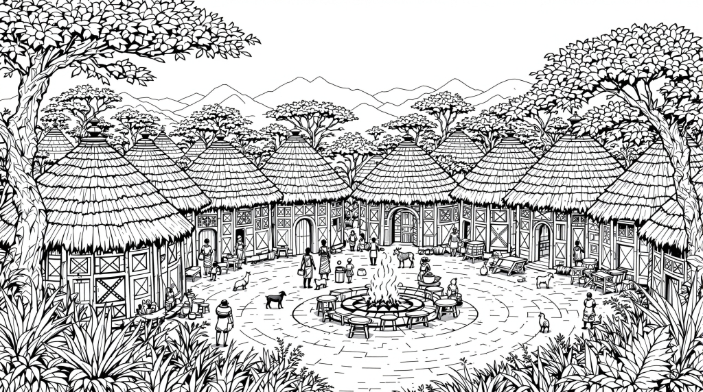 アフリカの伝統的な村の塗り絵 - 茅葺き屋根の円形住居が並ぶ緻密な大人の塗り絵