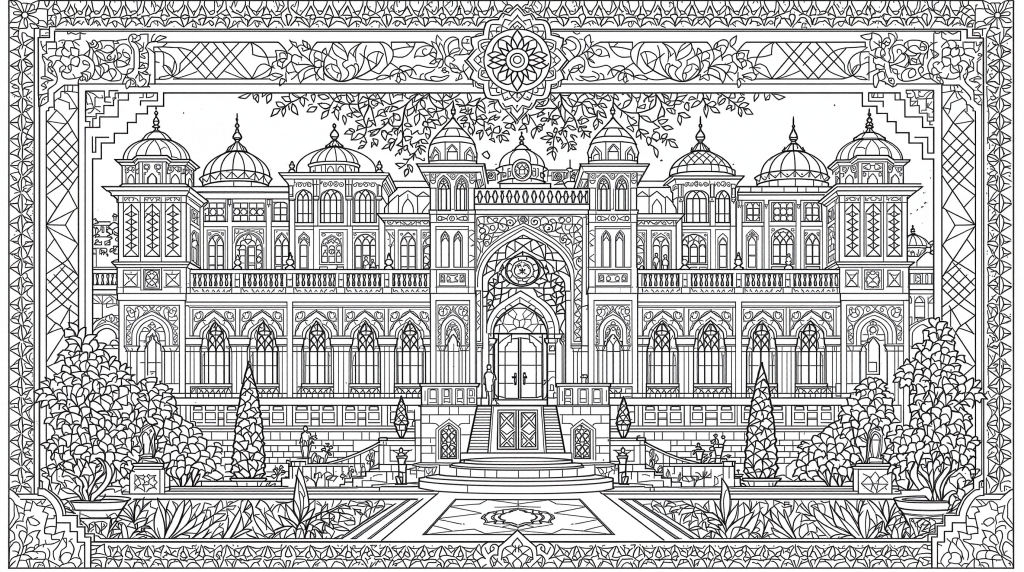 オスマン帝国の宮殿ミニアチュール塗り絵 - 精巧な建築様式と装飾模様を楽しむ大人の塗り絵