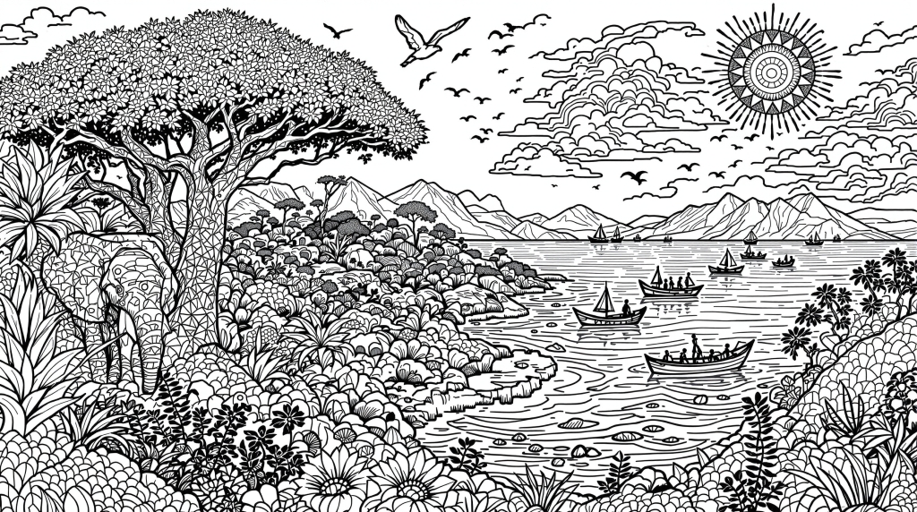 アカシアの木とヨットが描かれたアフリカの海岸風景・大人の塗り絵