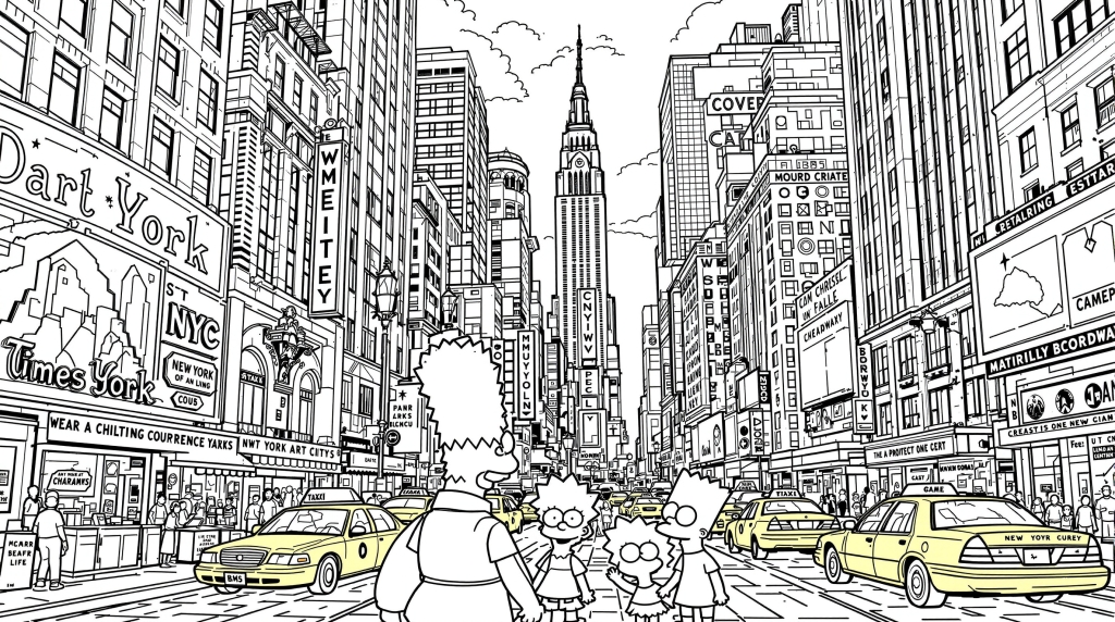 シンプソンズ一家がタイムズスクエアを冒険！ニューヨークの名所を巡る大人の塗り絵