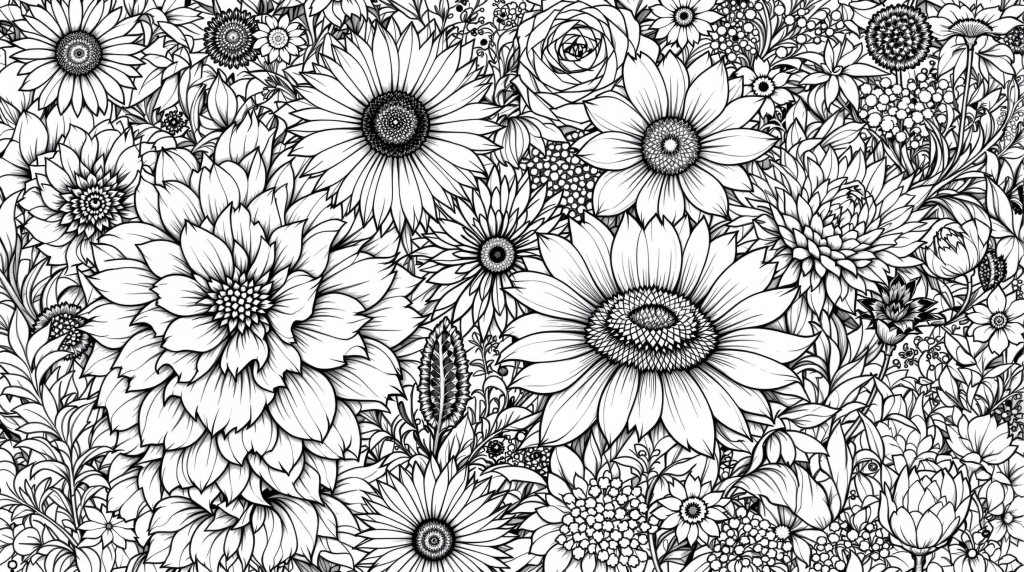 繊細で美しいボタニカルガーデンの塗り絵 - 精密な黒白線画による花々のコレクション