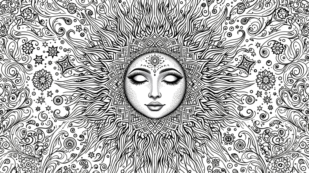 精緻な天体デザインの太陽と人面が融合した大人の塗り絵 - 宇宙的な装飾パターン