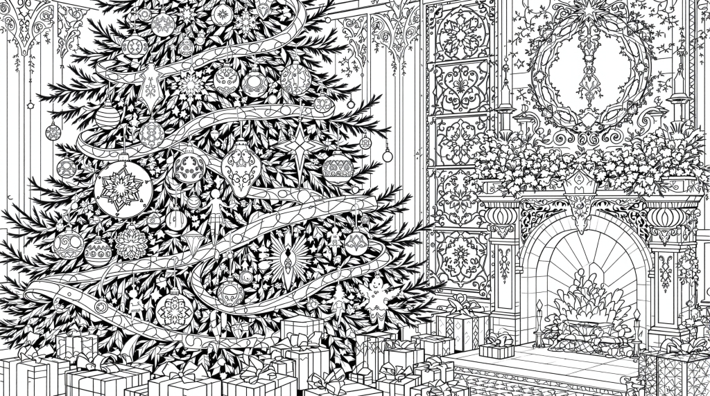 An intricate Christmas tree coloring page featuring elaborate Victorian decorations and ornate room interior details.