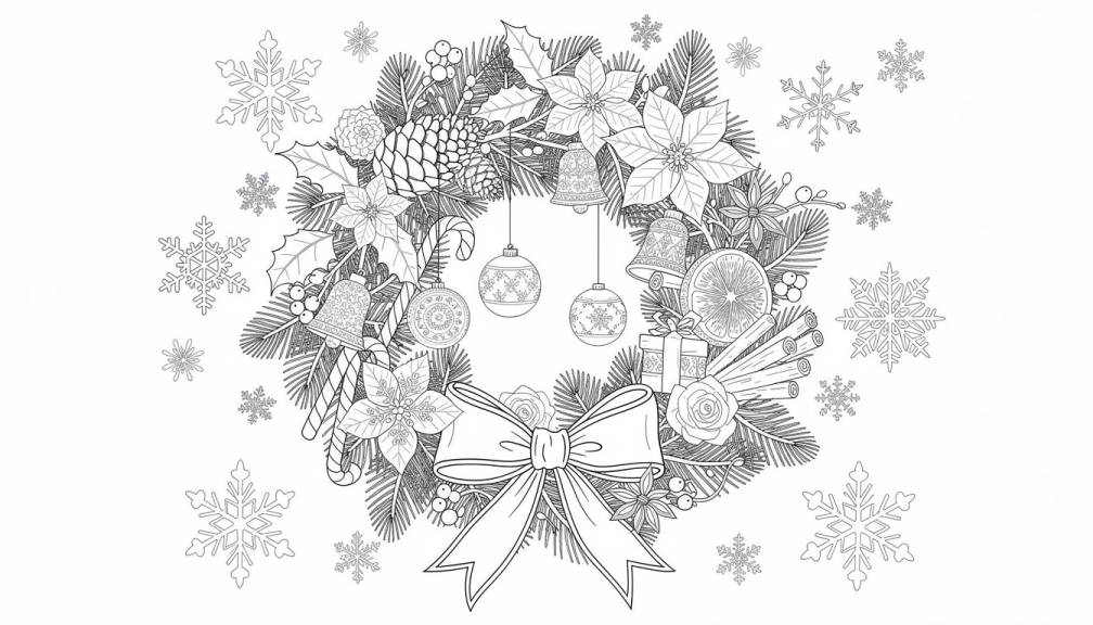 Una página para colorear de corona navideña intrincada presenta elementos botánicos detallados con un cardenal decorativo y ornamentos festivos elaborados.