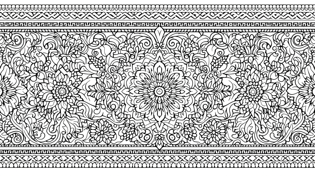 アルテ・ポーヴェラ家具装飾の精巧なボーダーデザイン - イタリア民俗芸術モチーフの装飾帯塗り絵