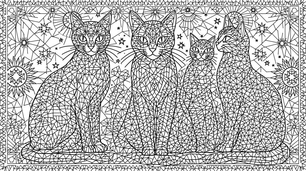 天体模様と幾何学デザインが美しい4匹の猫の塗り絵 - 大人向け精密アート