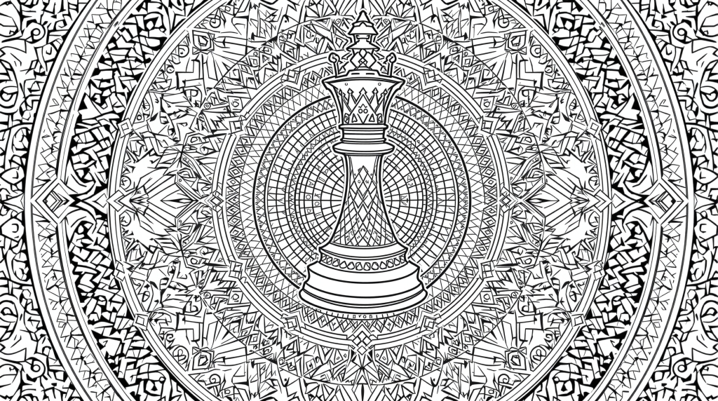 幾何学的パターンと放射状デザインに囲まれた詳細なキングピースを特徴とする、複雑なチェスをテーマにしたマンダラ塗り絵ページです。