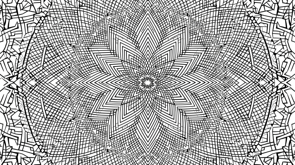 精巧な8芒星デザインの幾何学模様マンダラ塗り絵 - クロスハッチングと角のモチーフが特徴的な大人向け塗り絵ページ