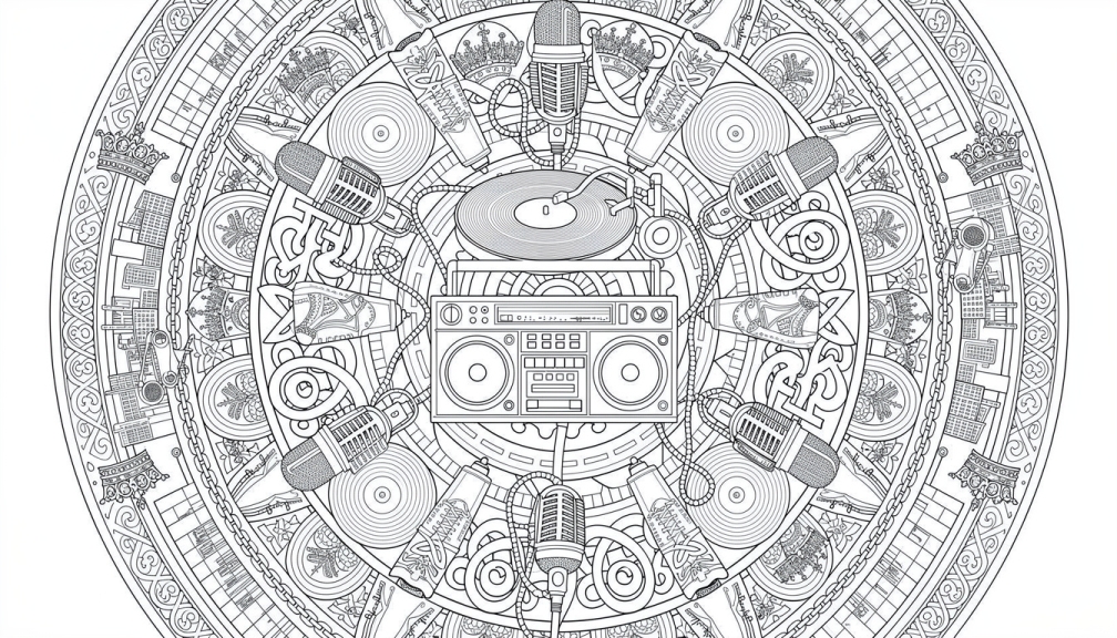Uma página de colorir mandala hip hop intricada combina cultura urbana de rua com geometria sagrada em um design circular simétrico.