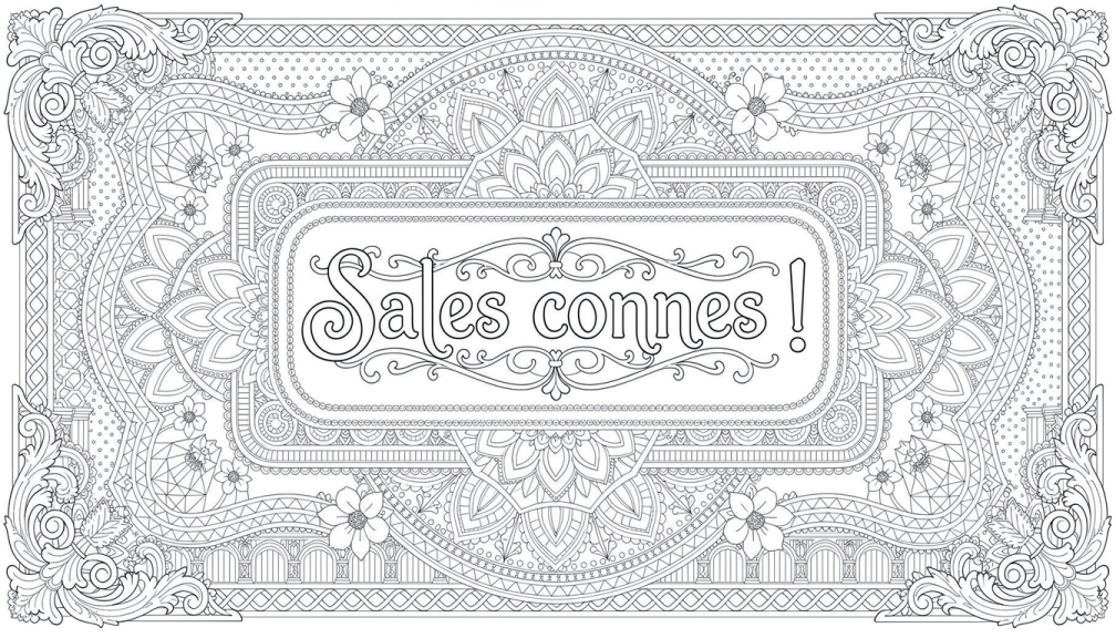 対称的なバロック模様と詳細なゼンタングルモチーフに囲まれた華麗なフランス語書道を特徴とする、複雑な長方形マンダラ塗り絵ページ。