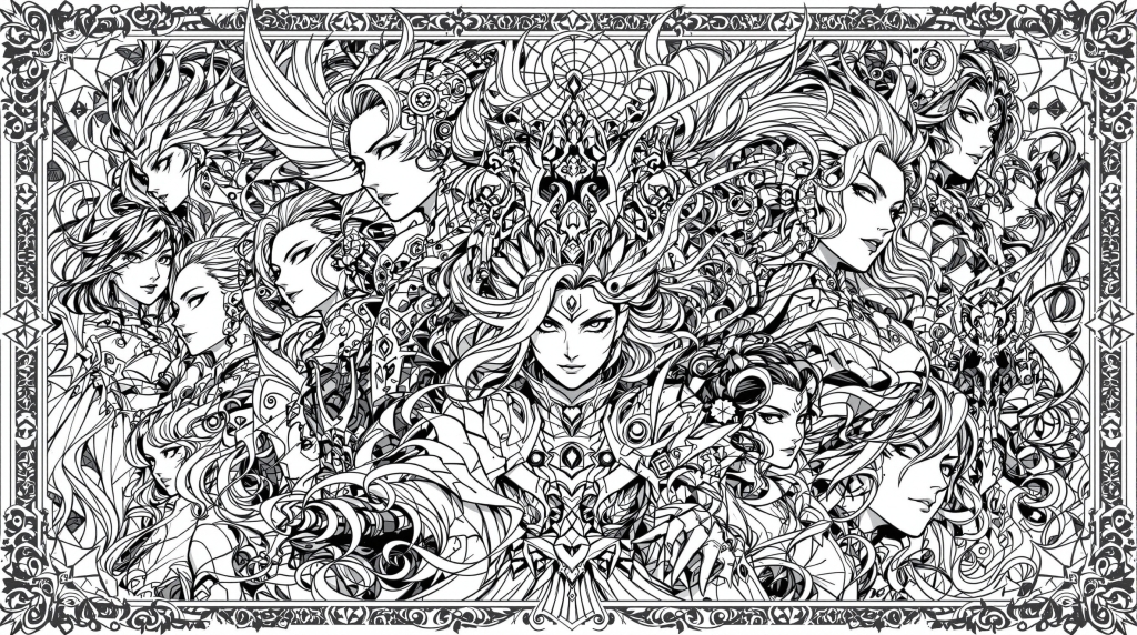 En intrikat manga-karaktärer färgläggningssida med sex detaljerade kvinnliga anime-figurer i dynamiska poser med utarbetade kostymer och dekorativa element.