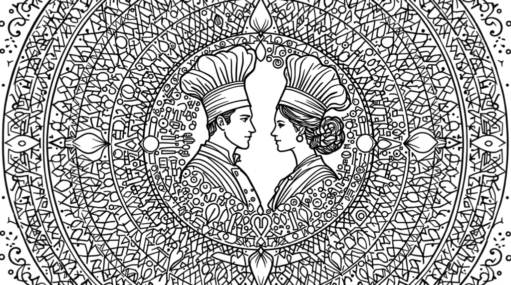 伝統衣装の男女を描いた精巧なマンダラ塗り絵 - 幾何学模様に囲まれた文化的デザイン