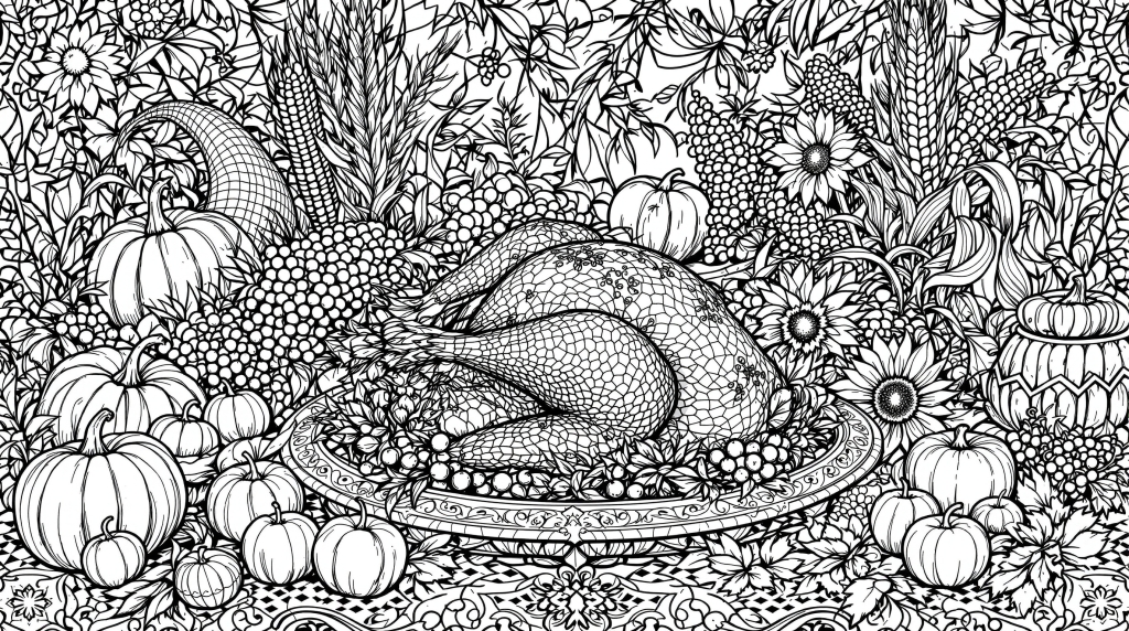 En intrikat Thanksgiving-fest fargeleggingsside med en zentangle-stil kalkun omgitt av tette ornamentale mønstre og høstelenter.