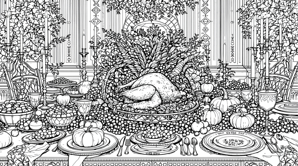 En utdypende Thanksgiving-fest fargeleggingsside med et utsmykket spisebord og klassiske arkitektoniske detaljer med intrikate høstdekorasjoner.