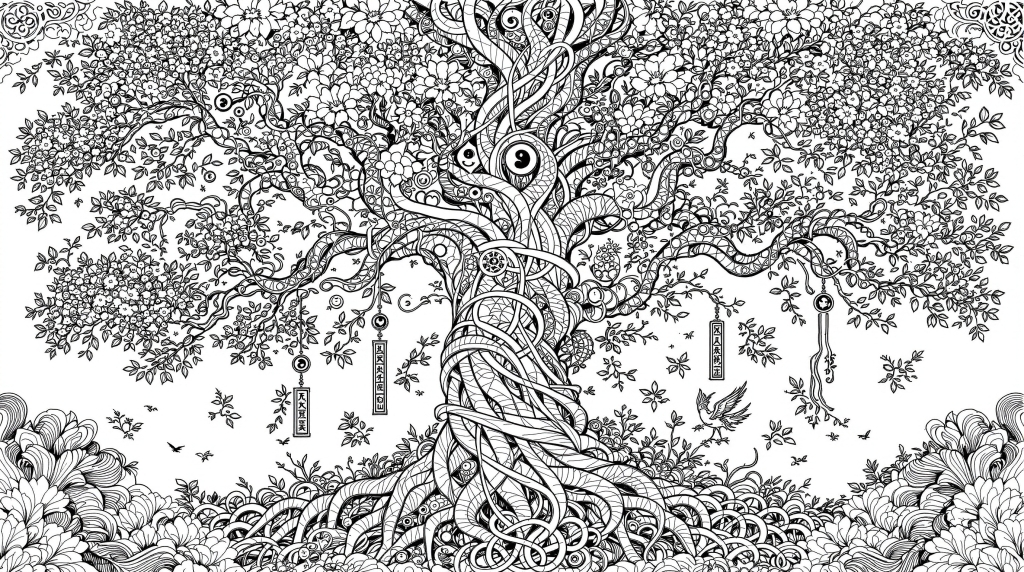 中国芸術様式の生命の樹 大人の塗り絵 - 緻密な装飾模様の横長デザイン