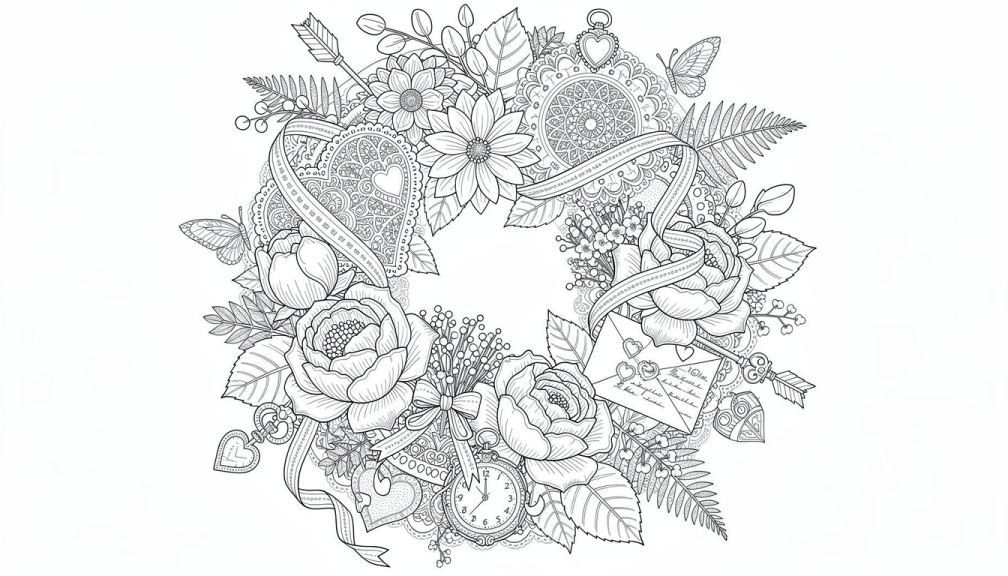 Ein detailliertes Valentinstag-Kranz-Ausmalbild mit Rosen, Herzen, Bändern und einem dekorativen nautischen Anker in Schwarzweiß-Strichzeichnung.