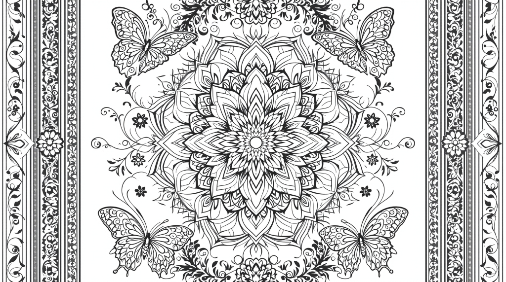 華やかな縦型フローラルマンダラ塗り絵 - 蝶と精巧な植物モチーフの上級者向けデザイン