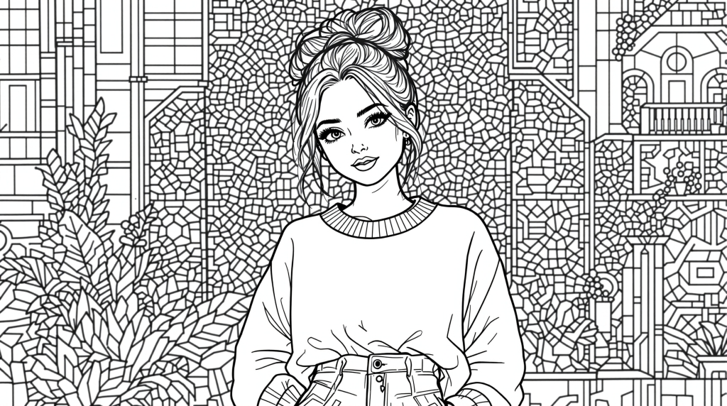 ピンタレスト風ファッションのおしゃれな10代女の子の塗り絵 - メッシーバンヘアと都会的な背景