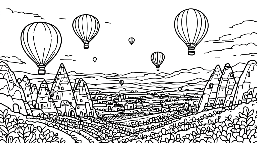 カッパドキアの熱気球と奇岩群の塗り絵 - 洞窟住居とフェアリーチムニーの詳細な風景イラスト