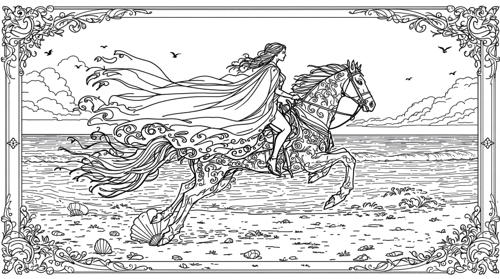 En elegant kvinna i svajande kappa rider på strand med utsmyckade dekorativa mönster och barock ram.