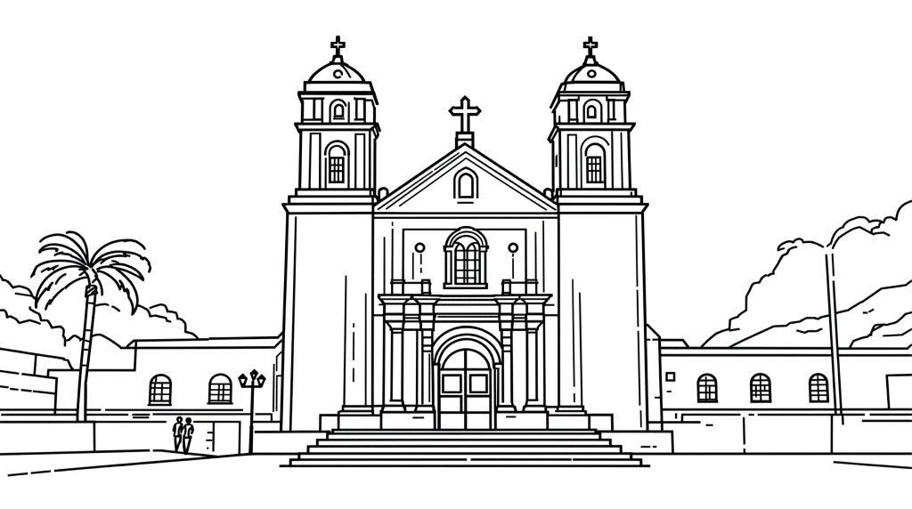 エクアドル・キト、グアプロ教会の精密な線画イラスト - コロニアル・バロック様式の歴史的建造物