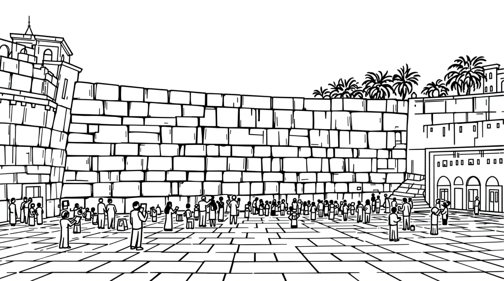 エルサレムの嘆きの壁の精密な塗り絵 - 古代の石と巡礼者が描かれた聖地のぬりえ
