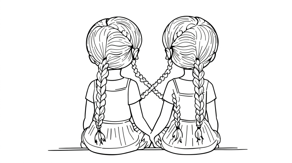 Färgläggningssida med två bästa vänner som sitter sida vid sida med sammanflätade flätor som bildar en hjärtformad koppling.