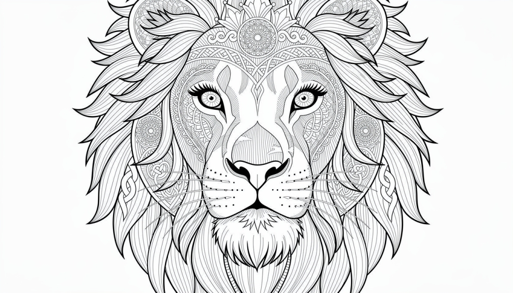 Uma página de colorir com rosto de leão majestoso apresentando padrões de mandala intrincados e juba detalhada para coloristas adultos avançados.