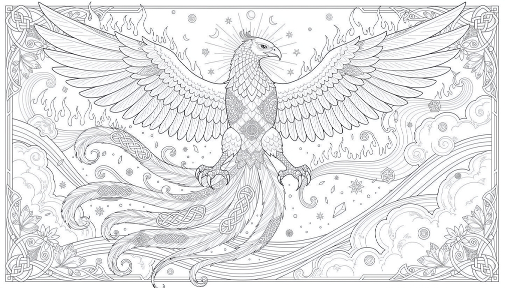 Una página para colorear de composición dual de fénix con dos aves majestuosas con detalles intrincados de plumas y nudos celtas en un diseño enmarcado ornamental.