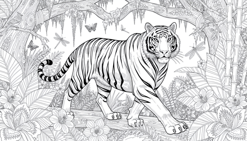 A powerful tiger walks toward you through a tropical jungle framed by hanging vines and exotic blooms.