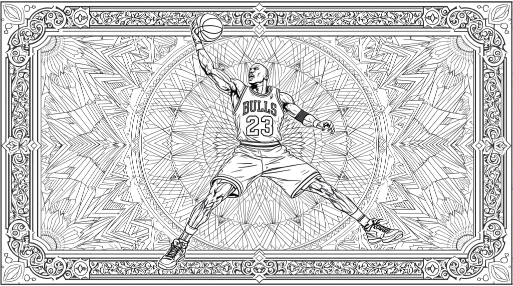 Une page de coloriage complexe de Michael Jordan dunking présentant la légende du basketball dans son maillot iconique des Chicago Bulls en l'air avec des bordures décoratives élaborées.