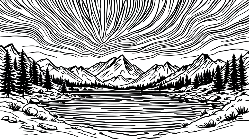 オーロラと山岳湖のミニマルな大人の塗り絵 - 幻想的な空の波模様