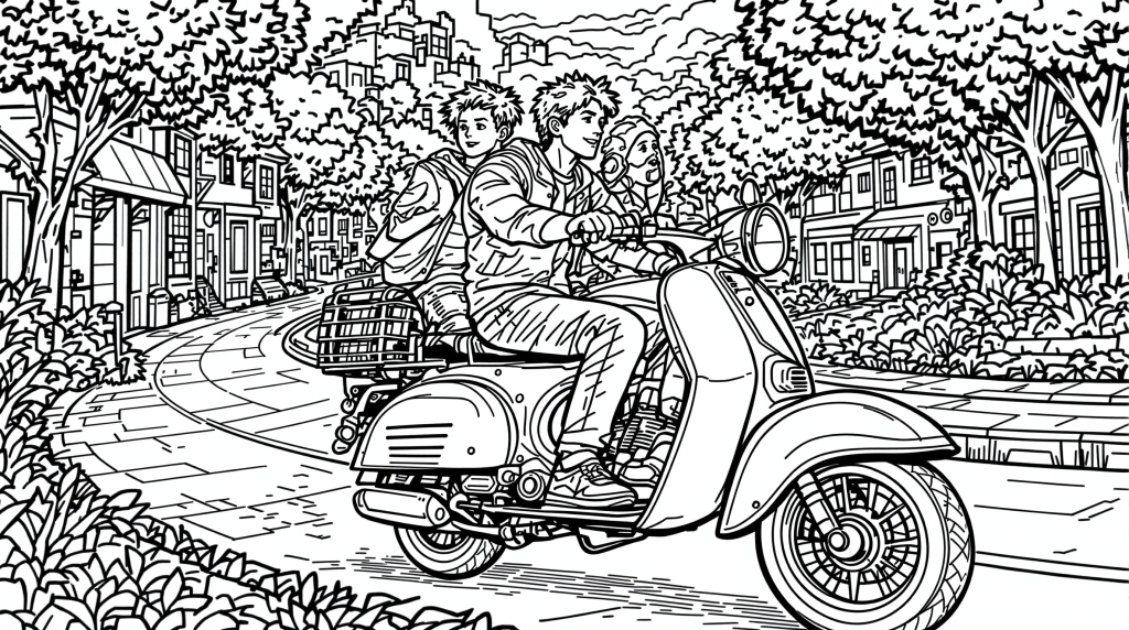 ビンテージスクーターで田園地帯を駆ける3人の少年少女の精密な塗り絵