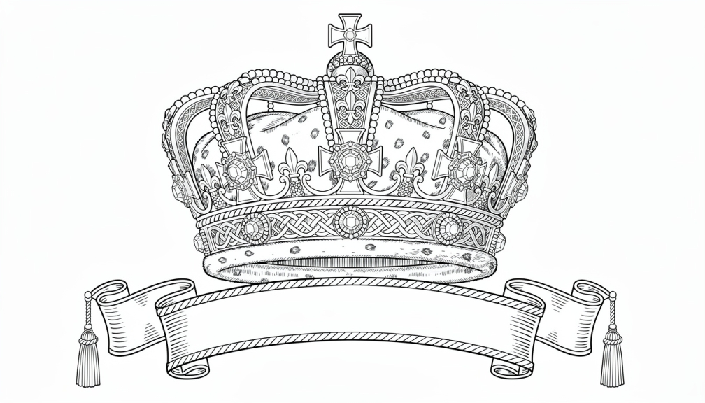 A royal crown sits above a flowing ribbon banner, ready for your personal touch.