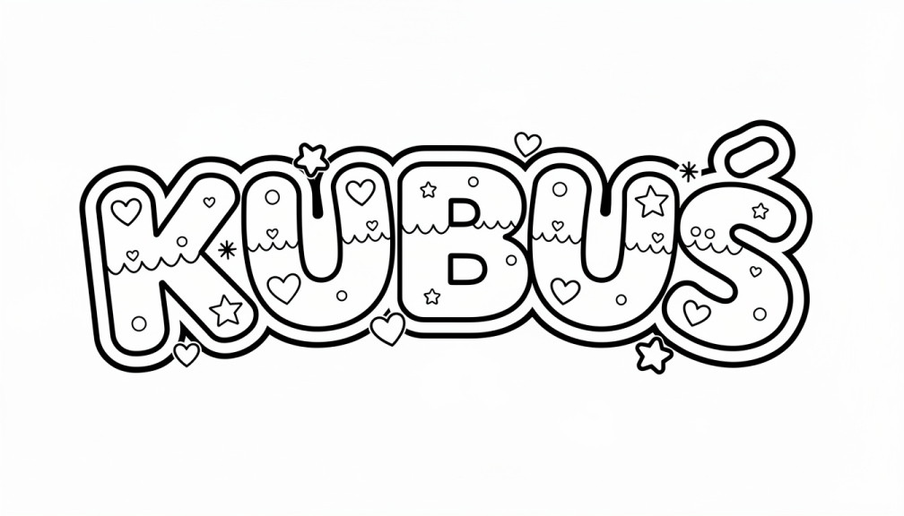Wesoła kolorowanka przedstawiająca połączone imię KUBUŚ w stylu bąbelkowym z efektami kapiącymi oraz ozdobnymi serduszkami i gwiazdkami.