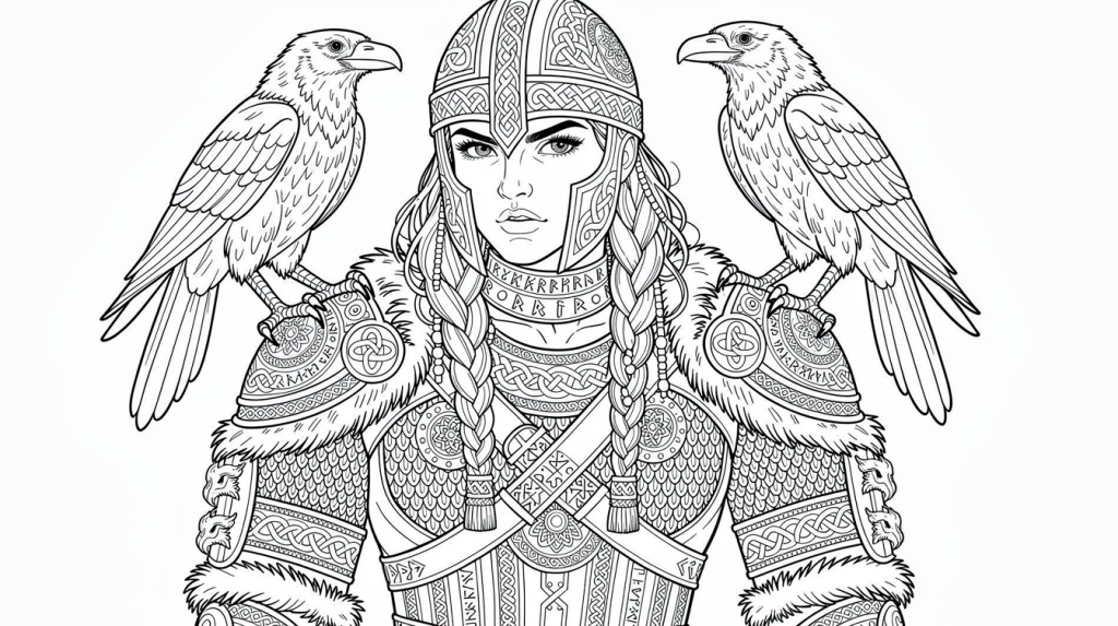 A frontal portrait of a determined Viking warrior woman with ravens on her shoulders.