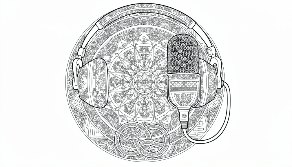 Rapçi kulaklıklarını ve stüdyo mikrofonunu kutsal geometri desenleriyle kusursuzca birleştiren karmaşık bir mandala boyama sayfası.