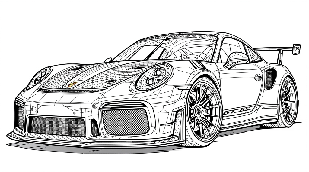 A professional black and white line art coloring page featuring a 2025 Porsche GT3 RS with intricate aerodynamic details.