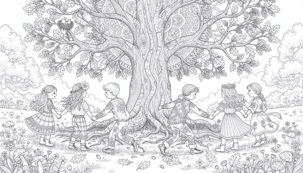 Seks barn som holder hender og danser i ring rundt et praktfullt gammelt eiketre med full krone synlig på denne intrikate fargesiden for voksne.