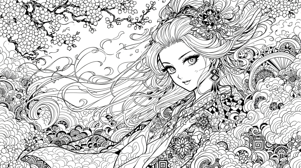 本格的なマンガ風塗り絵 - 流れる髪と和柄が美しいアニメキャラクター